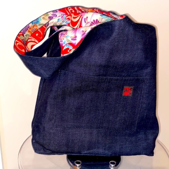 🆕RARE Japanese handmade repurposed denim & kimono 👘 tote bag / hidden zips - Picture 3 of 13